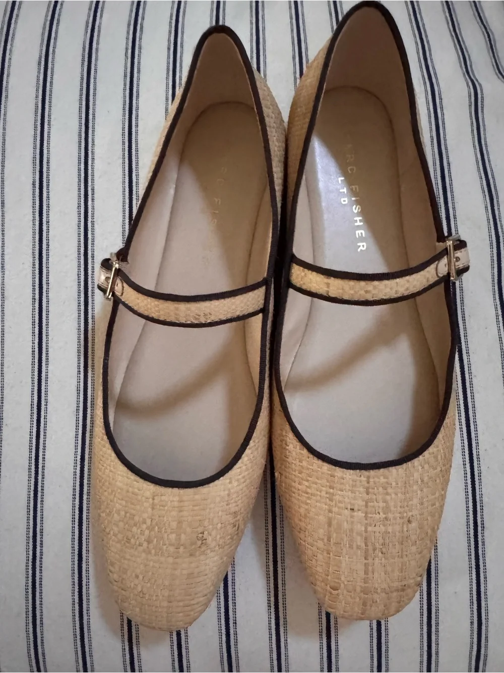 Marc Fisher Natural Straw Mary Jane Flats with Black Trim